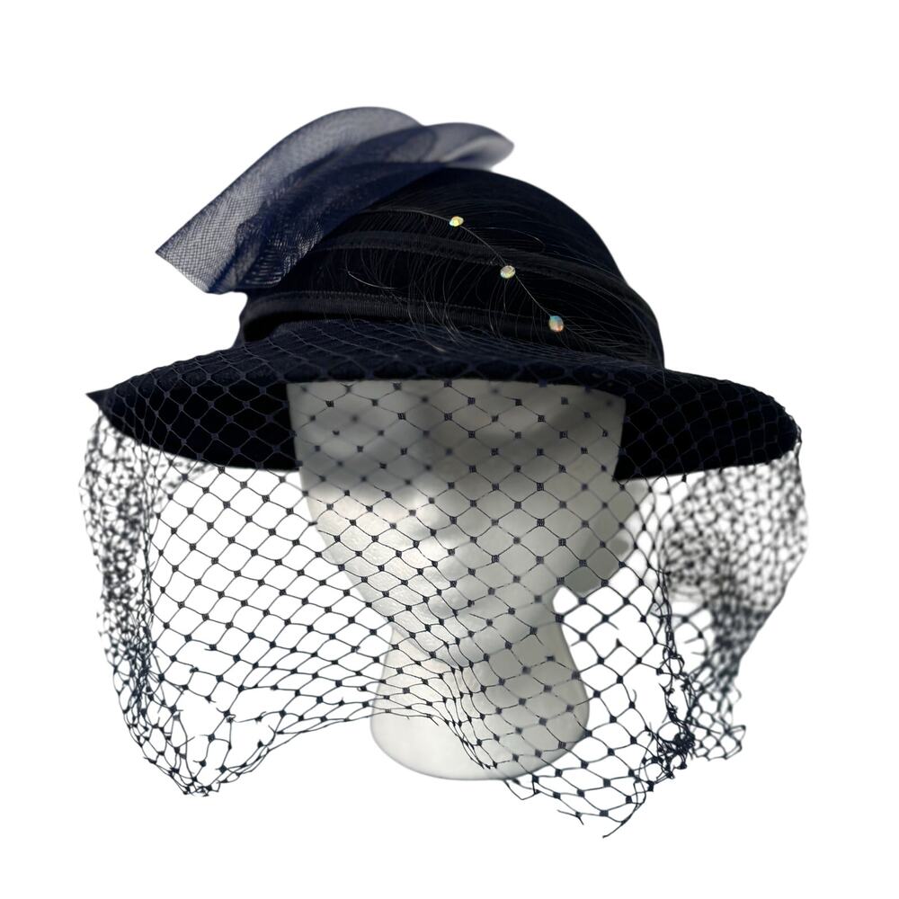 Vintage 80s Jody G for Sylvia of St. Louis Navy Blue Hat Veil Rhinestones As-is